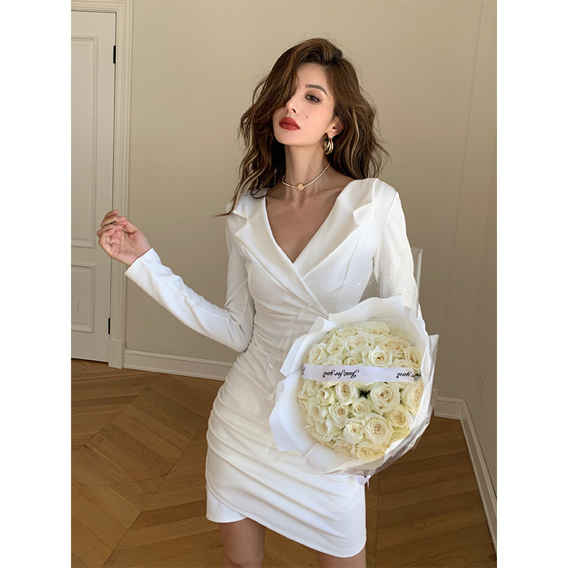 HBE Shuige Little White Dress Cross V Neck White Slim Waist Tight Sexy Hip Skirt Dress Female