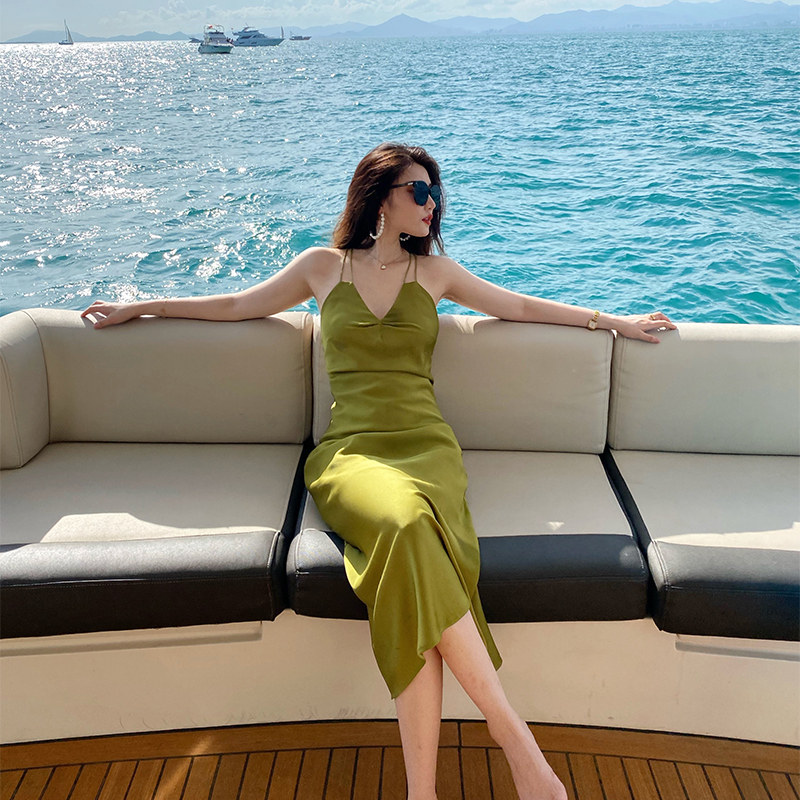 HBE Water Brother heroine green skirt green slim slim halter suspender skirt suspender dress long skirt female summer