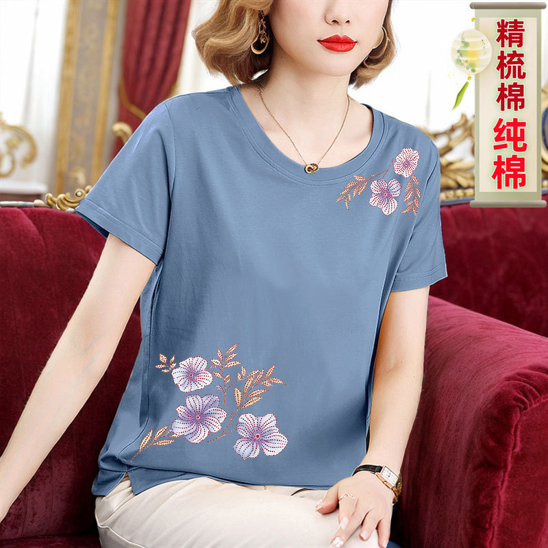 Middle-Aged and Elderly Women's Pure Cotton Short-Sleeve T-Shirt, Trendy Summer Loose Half-Sleeve Top, Plus-Size Stylish Shirt