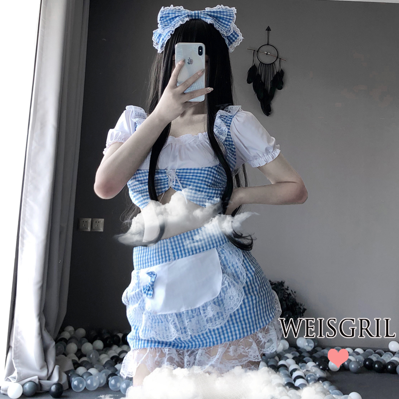 weisgril Scottish Sexy Plaid Sleeping Dress Uniform Seductive Lace Mood Lingerie Maid Dress Pyjamas