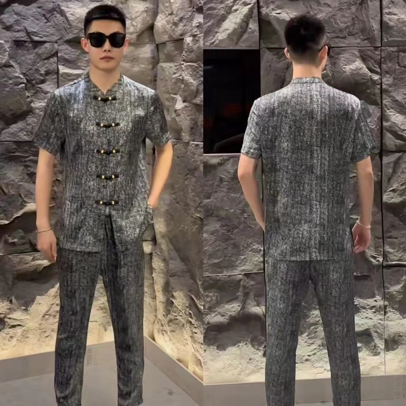 2026 Summer New Chinese Style Tang Suit Set for Men, Casual High-Quality Short-Sleeve and Long-Pants Two-Piece Set for Men