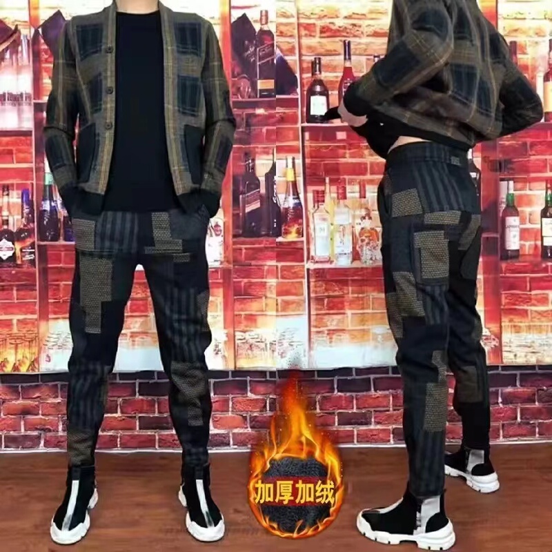Spring and Autumn Plaid Personalized Patchwork Casual Suit Men's Classic Trendy Fashion New Cardigan Jacket Two-Piece Set