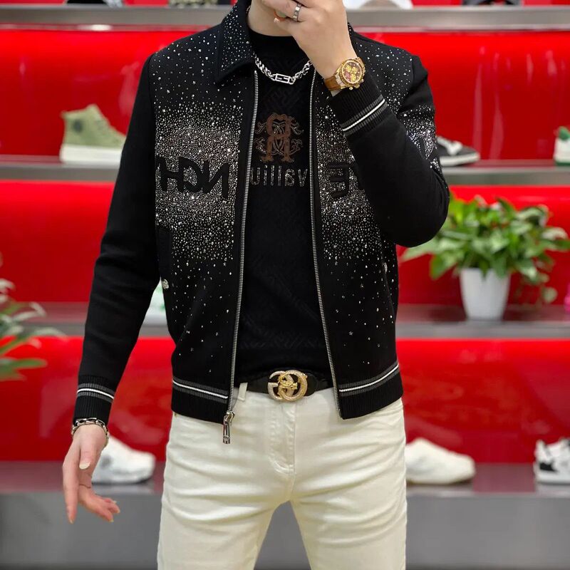 2026 New Autumn and Winter Star-Studded Jacket for Men, Trendy and Stylish European-Style Heavy-Duty Rhinestone Fashion Brand Coat for Men