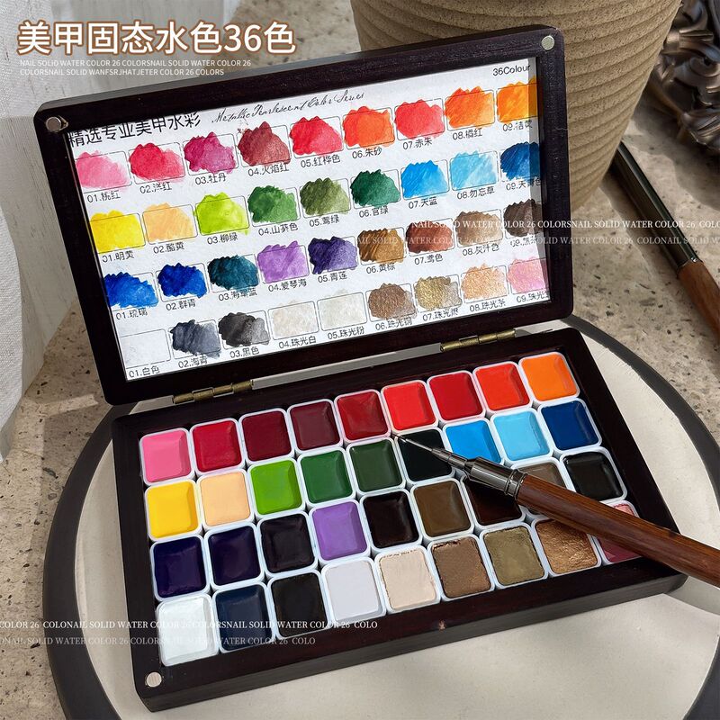 Wooden Box Solid Watercolor Nail Art Shop Special 36-Color Gradient Painting Watercolor Rose Convenient Wear-On Nail Decorations