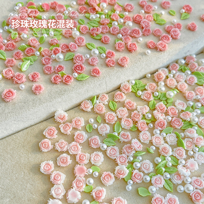 New Rose Flower Nail Art Decorations Pink Three-Dimensional Flowers and Leaves Mixed Size Pearls Nail Accessories