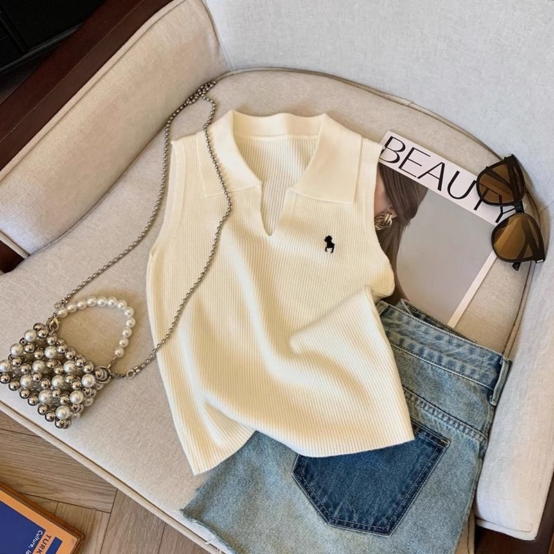 Casual Style Polo Collar Knitted Vest 2026 Summer Korean Version Women's Casual Slim Fit Versatile Sleeveless Top Casual Style Polo Collar Knitted Vest 2026 Summer Korean Version Women's Casual Slim Fit Versatile Sleeveless Top