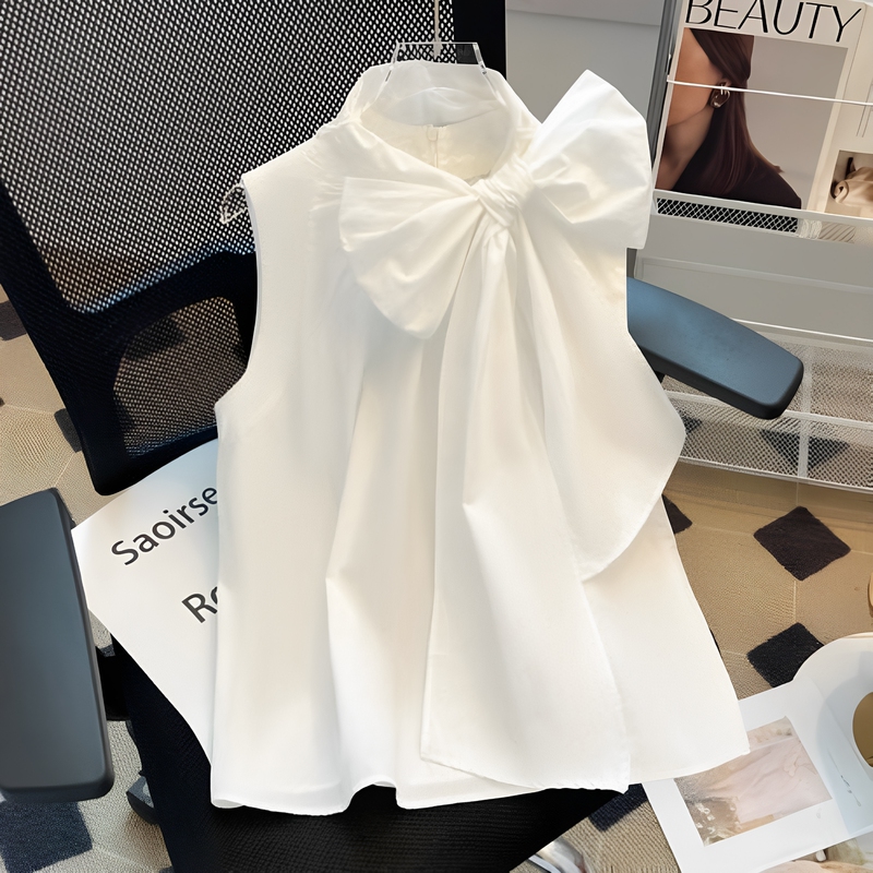 French-Style Rich Girl White Bow Sleeveless Shirt for Women, High-End Design, Loose Fit, Tummy-Covering Tank Top for Summer