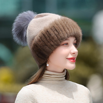 Mink fur hat female winter woven fur hat outdoor warm wool hat Korean version of ear protection cap