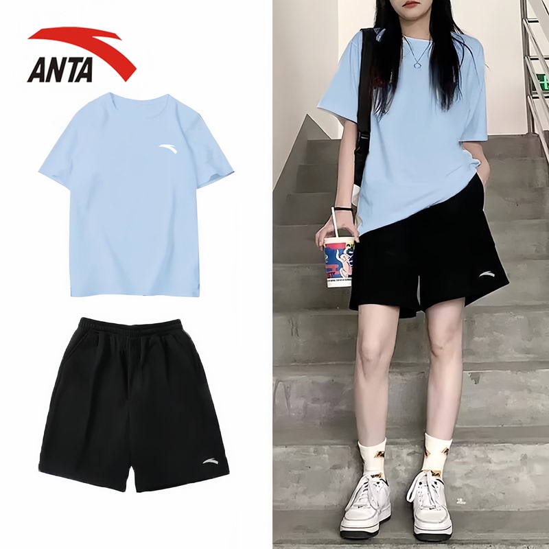 Anta Sports Suit for Girls, New Summer Style Sweat-Absorbent Quick-Drying Clothes and Pants, Short-Sleeved Shorts, Running Fitness Clothes, Two-Piece Set