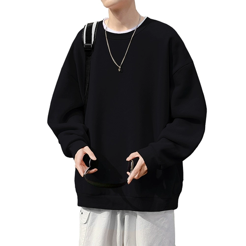 Мужская осенняя демисезонная толстовка, универсальный черный лонгслив для отдыха, оверсайз, круглый воротник