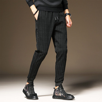 Vertical stripe knitted halterneck pants Autumn and winter Korean version of the trend casual pants sports social spirit guy bundle pants