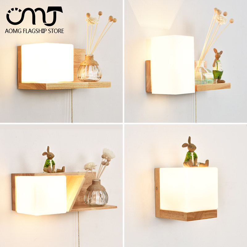 Japanese solid wood bedroom bed head wall lamp Simple modern creative personality Staircase aisle Nordic wood living room wall lamp