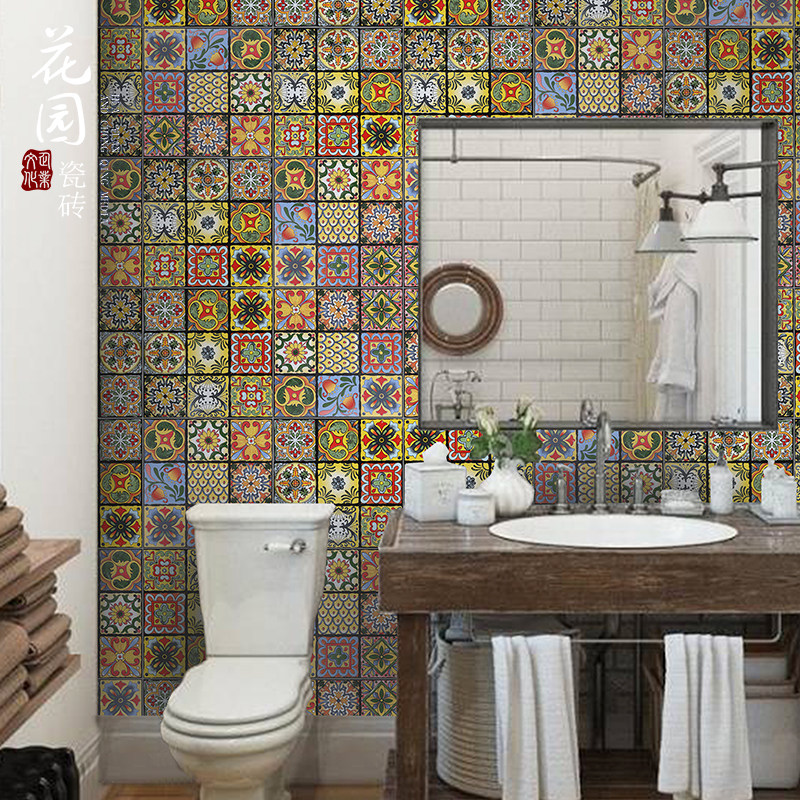 Tile small flower brick flower tile floor tile hand-painted retro powder room Mediterranean style staircase 300 color wall tiles