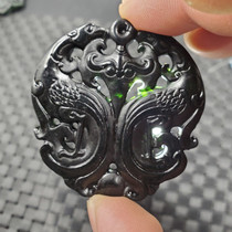 Jade pendant Xinjiang Hotan ink jade ancient phoenix pendant dark green serpentine jade double-sided carved hollow pendant car hanging