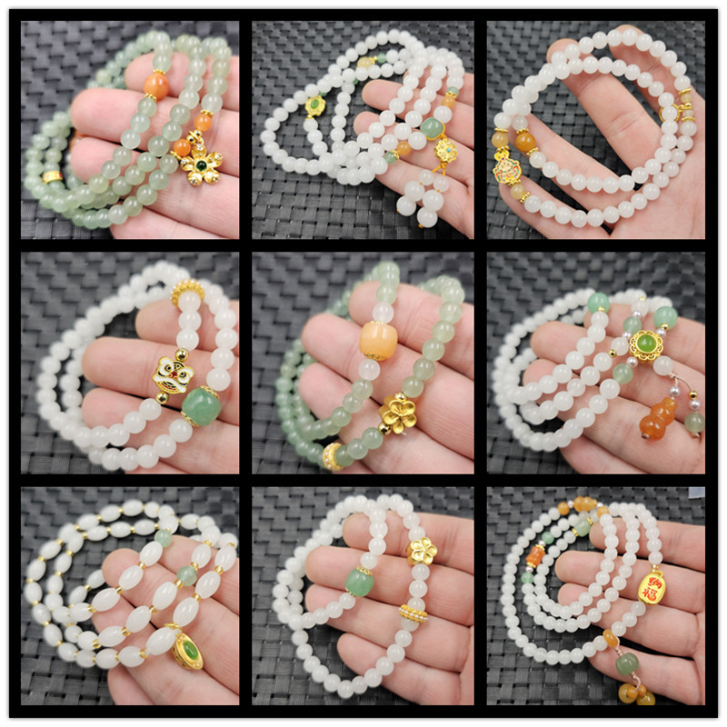 Xinjiang Hetian White Jade Round Bead Bracelet, Gold Thread Jade, White Jade Multi-Circle Bracelet, Aventurine Peace Buckle Bracelet Xinjiang Hetian White Jade Round Bead Bracelet, Gold Thread Jade, White Jade Multi-Circle Bracelet, Aventurine Peace Buckle Bracelet