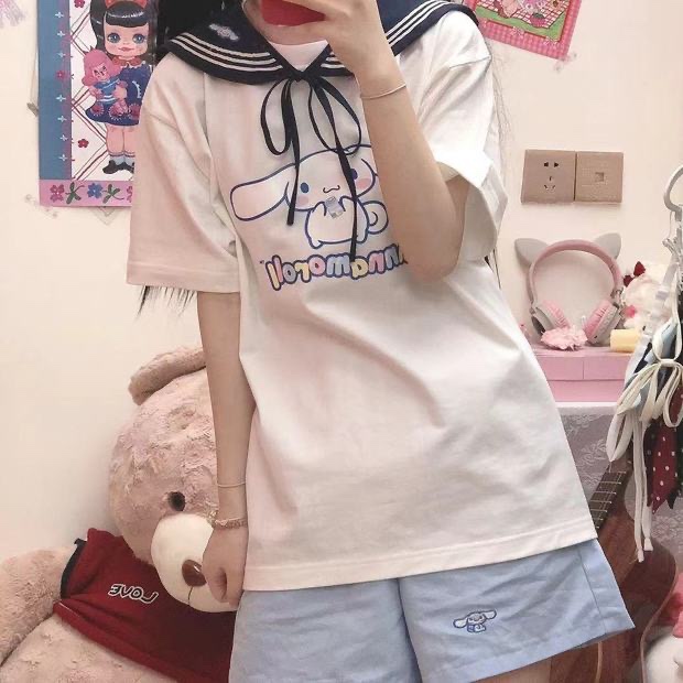 WhiteReal shot   girl Academic atmosphere lovely Cartoon back printing Cinnamoroll  T-shirt pure cotton easy JK Short sleeve Soft girl