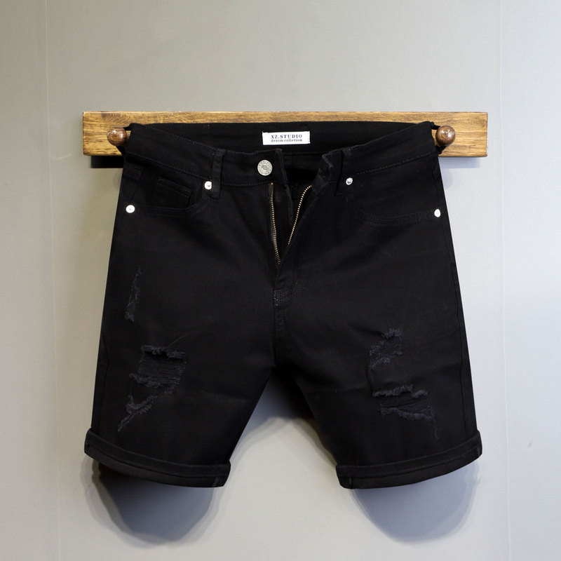 Men's Slim-Fit Black Stretch Denim Shorts, 4-Point Length, 2024 Summer New Style, Distressed Ripped Beggar Pants