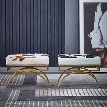 Light luxury style foot stool Living room single sofa step change shoe stool Step metal square cow leather leather small stool