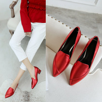 Spring and autumn new pointed toe leather British style small leather shoes red high heels black thick heel shoes womens scoop shoes