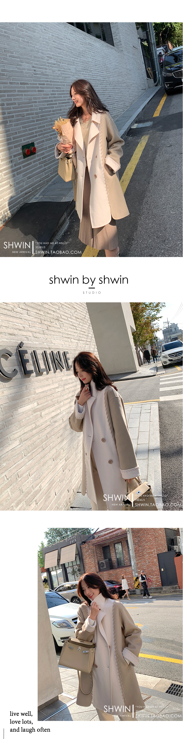 SHWIN tùy chỉnh màu sắc phù hợp khâu len áo khoác hai mặt nữ mùa đông dài phần kết cấu phù hợp với cổ áo len áo khoác len cardigan nữ