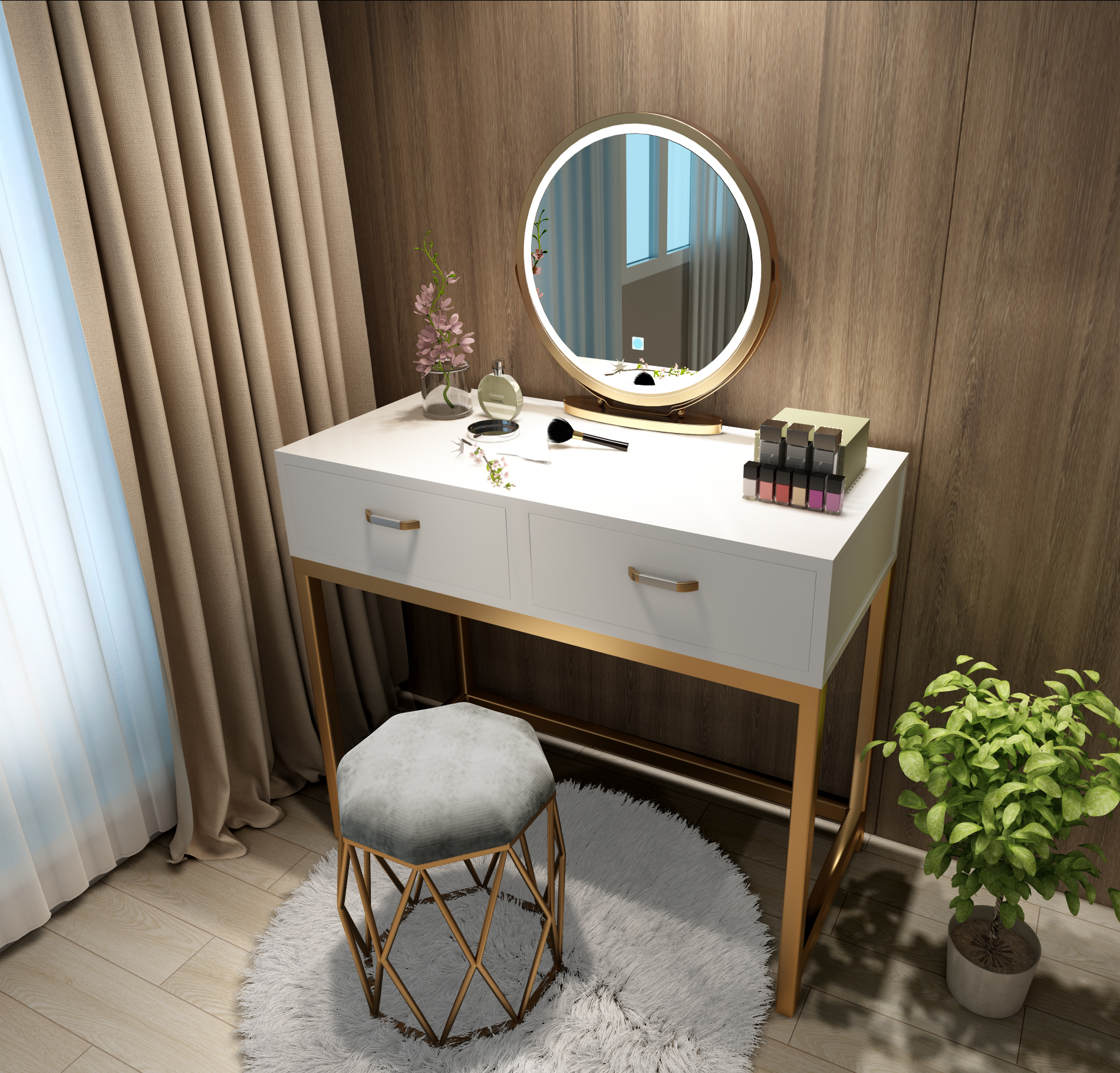 Nordic Makeup Bench Solid Wood Bedroom Ins Nets Red Makeup Table With Lamp Modern Minima Small Household Type Light Lavish Makeup Table