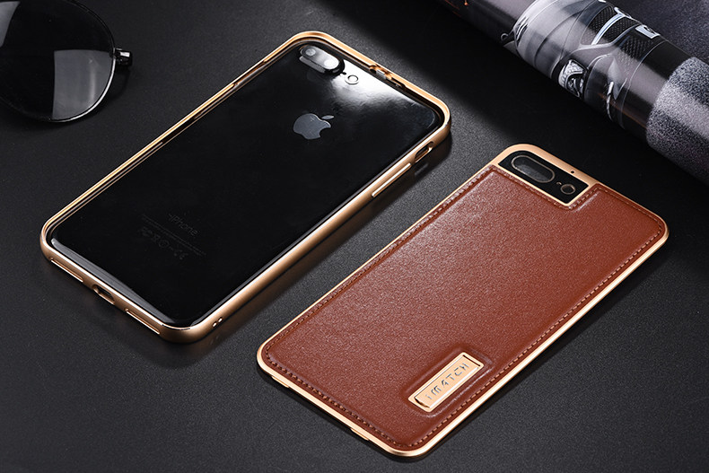 iMatch Luxury Aluminum Metal Bumper Premium Genuine Leather Back Cover Case for Apple iPhone 7 Plus & iPhone 7
