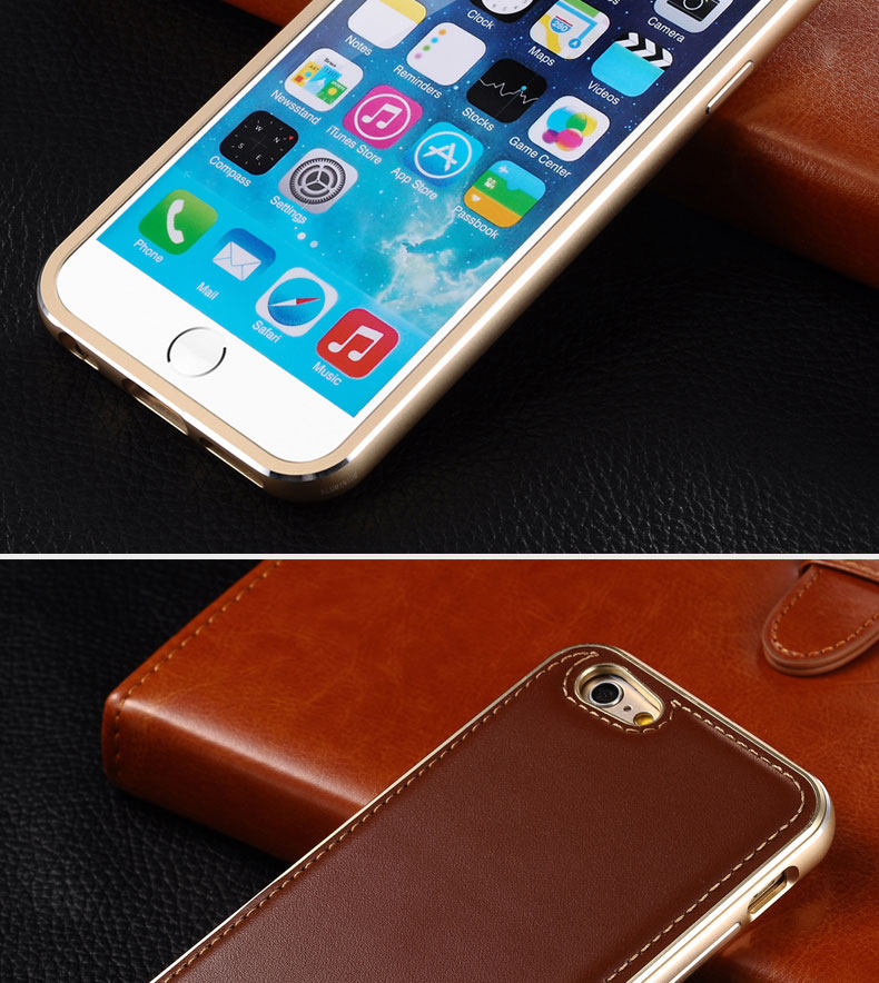 iMatch Luxury Aluminum Metal Bumper Premium Genuine Leather Back Cover Case for Apple iPhone 6S/6 & iPhone 6S Plus/6 Plus