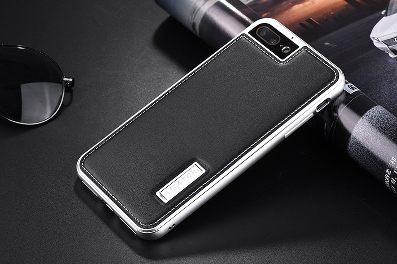 iMatch Luxury Aluminum Metal Bumper Premium Genuine Leather Back Cover Case for Apple iPhone 7 Plus & iPhone 7