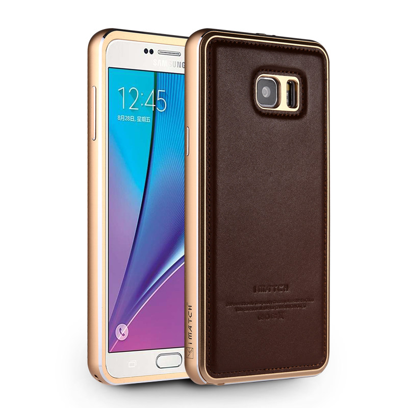 iMatch Luxury Aluminum Metal Bumper Premium Genuine Leather Back Cover Case for Samsung Galaxy Note 5 N9200