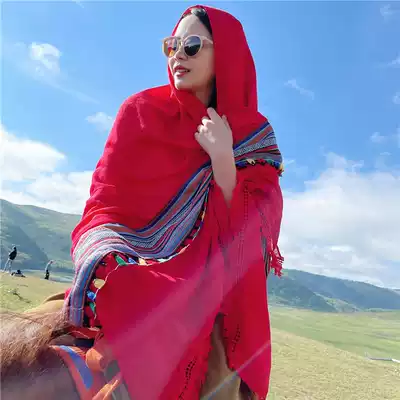 Silk scarf women Spring and Autumn desert tourism sunscreen shawl ethnic style tea card Salt Lake scarf Qinghai red scarf