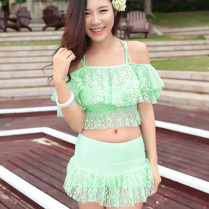 (clear cabin) small breasts gathered with steel ring skirt-style four-corner pants bikini three-piece swimsuit women's swimsuit