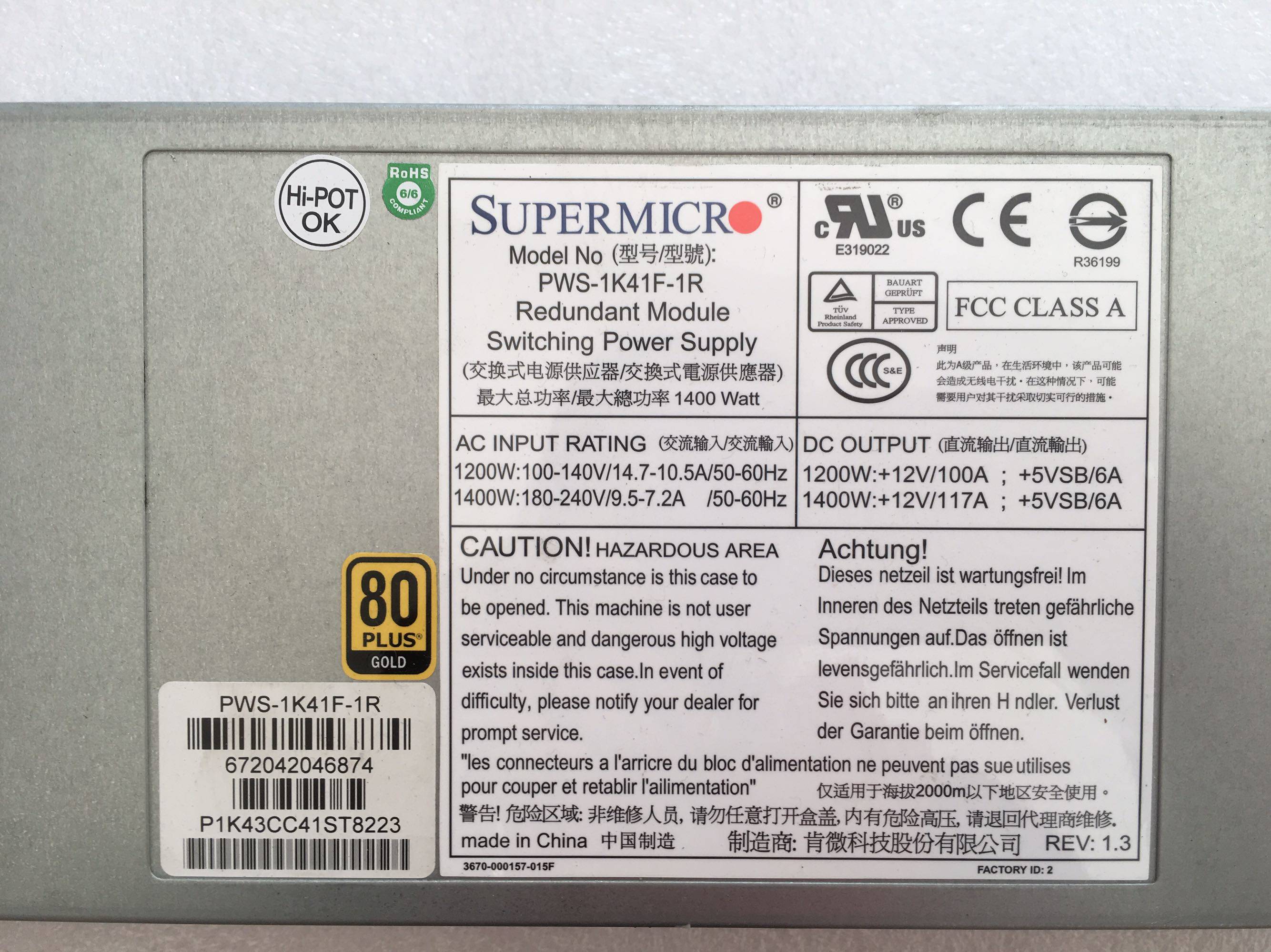 Spot Ultra Micro RH2488 V2 Server Power PWS-1K41F-1R 1400W Redundant Power Supply