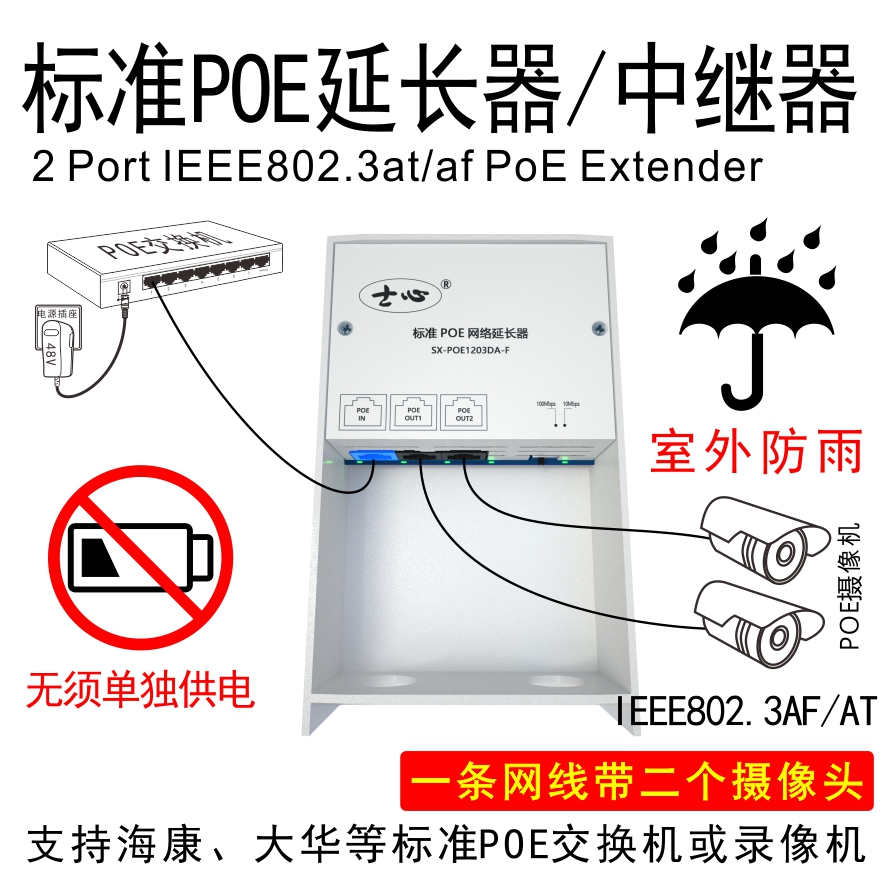 POE Extender Waterproof 3-mouth 2-port Internet monitoring of rain-proof standard Non-mark extenders Power to amplify long distance