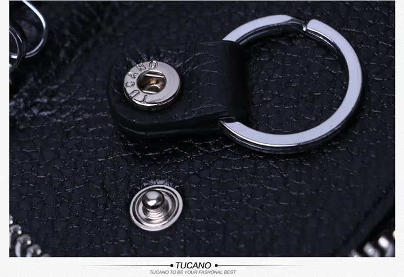 Chim gõ kiến ​​đích thực nam mới da trẻ tuổi lớp da đầu tiên khóa kéo túi nhỏ màu đen xe móc khóa ví da nam