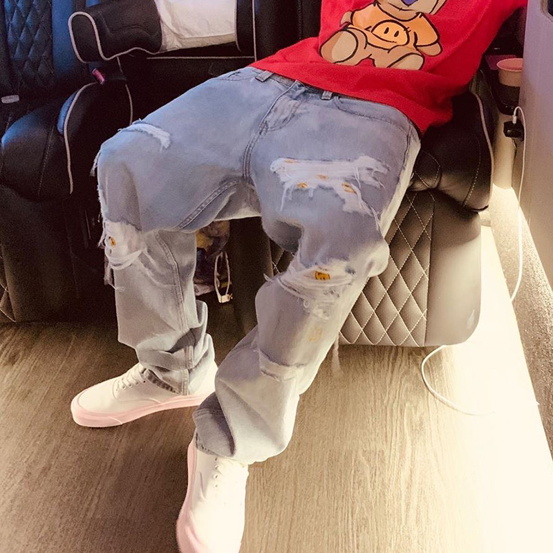 Bieber Ouyang Nana with the same Drew smiley face to destroy the washed embroidery couple cowboy men and women high street style