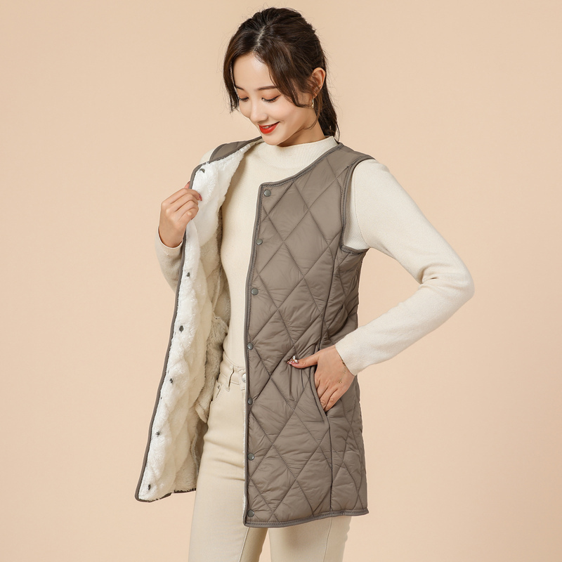 Women's Long Winter Vest with Lamb Wool Lining, Warm Padded Vest, Thick Cotton Coat, Stylish Slim-Fit Coat, Cotton-Padded Jacket