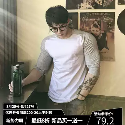 European and American splicing training clothes fitness muscle running sports top bottoming shirt Autumn quick-drying slim-fit three-point sleeve T-shirt