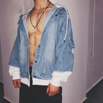 BeeStrong personality trend fake two-piece sports jacket hooded denim jacket men