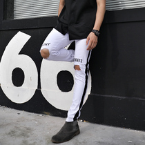 BEESTRONG elastic European and American muscle hole jeans men casual muscle slim brothers fitness training pants