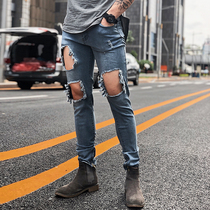 Summer new European and American hole super stretch squat jeans men slim breathable small feet casual muscle sweatpants