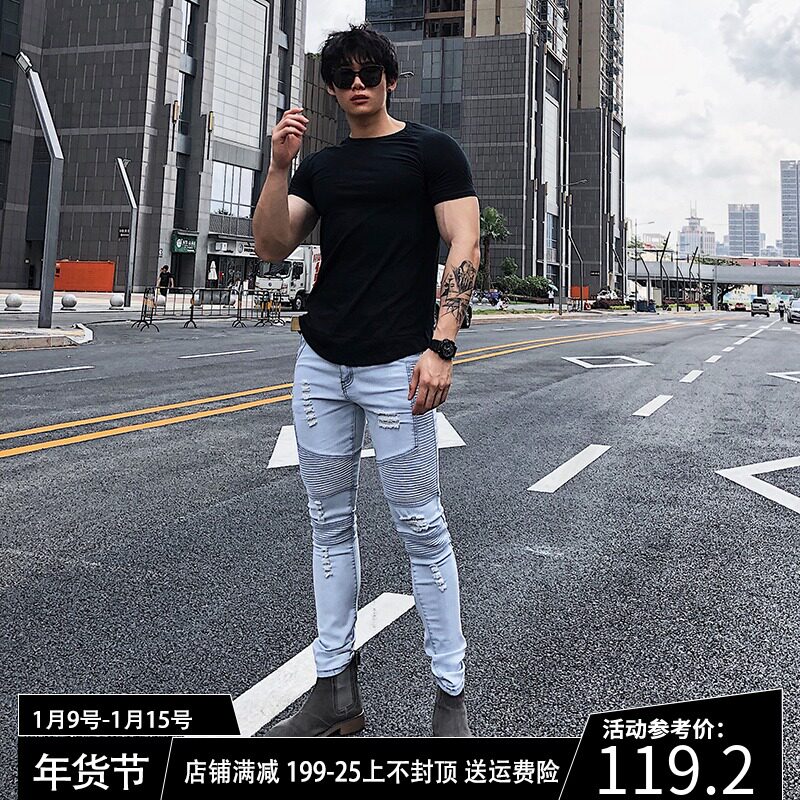 Fitness pants slim squat stretch jeans muscle training Dog Brothers Summer nine points tight small feet trousers men