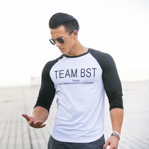BEESTRONG autumn slim running sports shirt mens T-shirt round neck short sleeve trend training suit fitness seven-point sleeve