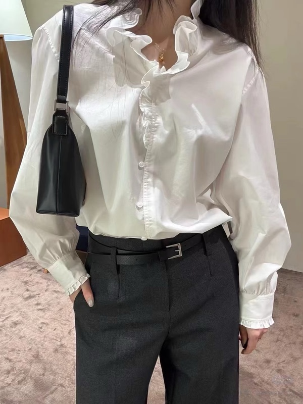 White Shirt 2026 Winter New Product Xinjiang Long-Staple Cotton Peach Skin Velvet Brushed Fabric with Ruffled Edges Loose Fit Mbf4Top012