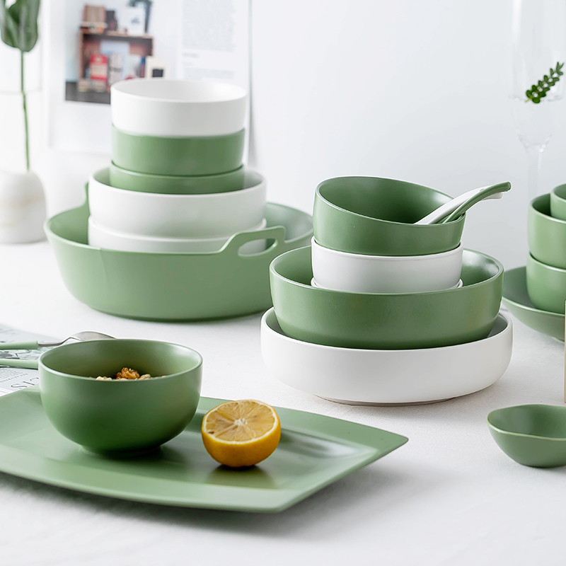 Underglaze Colored Bowls and Plates, Household Dishware Set, Single Dining Bowl and Plate Chopstick Set, Matcha Green