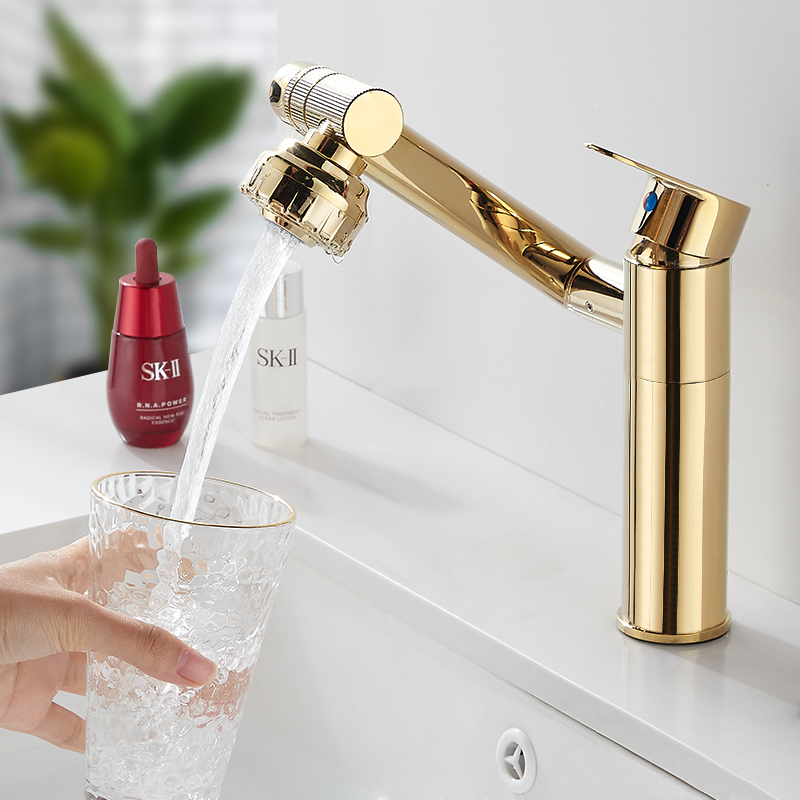 Washbasin Faucet Hot and Cold Water Bathroom Rotating Washbasin Household Washbasin Golden Faucet All Copper