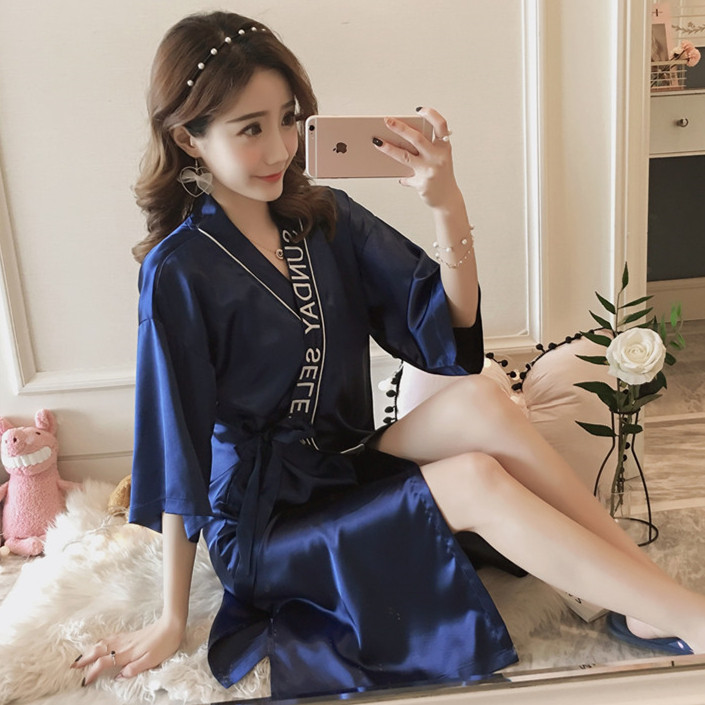 Pajamas women's spring and autumn ice silk long nightgown sexy bathrobe summer nightdress thin section home service Japanese kimono