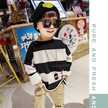 2021 new childrens clothing spring and autumn boys long-sleeved T-shirt childrens cotton base shirt girls round neck striped shirt Korean