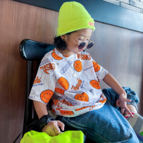 Icy summer short T2022 summer new childrens clothing boys short-sleeved t-shirt childrens smiling face shirt round neck sweater