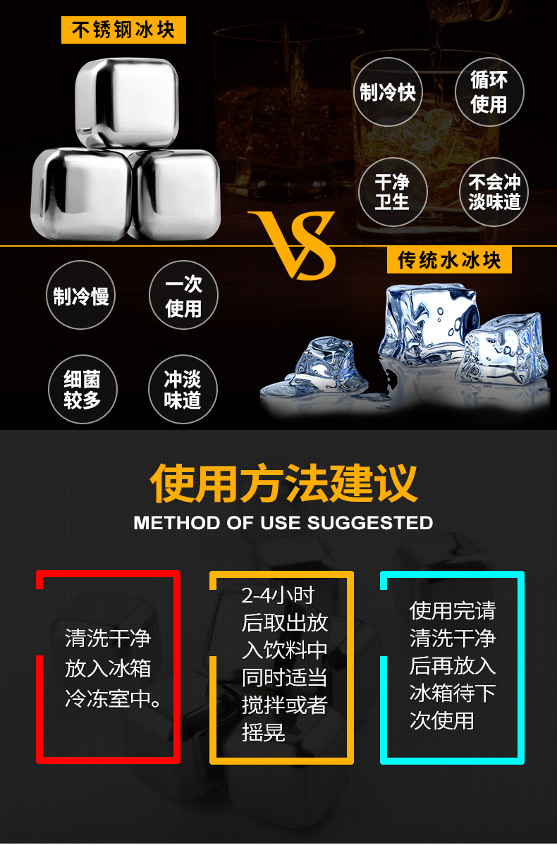 Kaishanglai Đức 304 thép không gỉ đông lạnh ice cubes kim loại ice whiskey bar rượu vang ice wine đá ice lưới bộ ly uống rượu cao cấp
