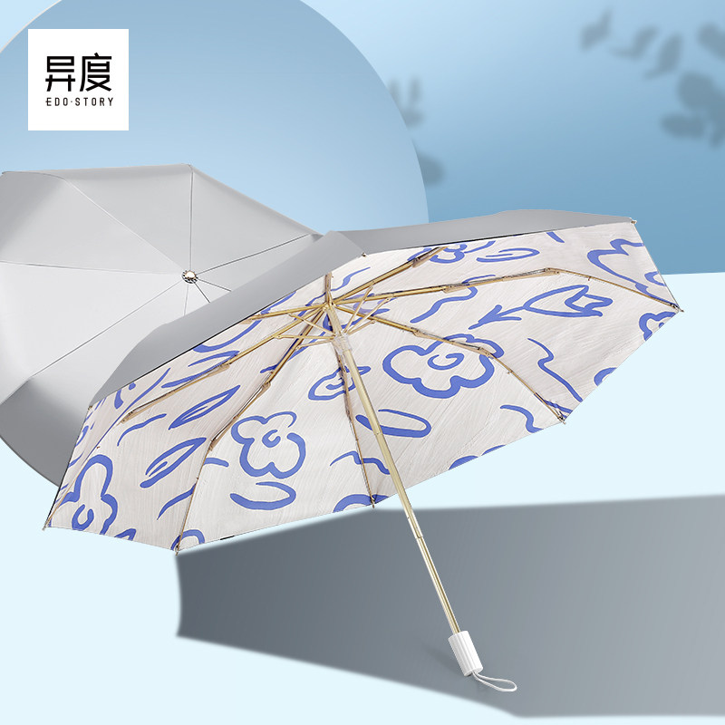 Isometric retro double-layer parasol female sunscreen anti-UV folding black glue high-end parasol portable simple